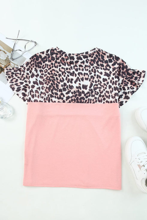 Pink Sequin Leopard Patchwork Short Sleeve Top with Colorblock Detail
