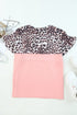 Pink Sequin Leopard Patchwork Short Sleeve Top with Colorblock Detail