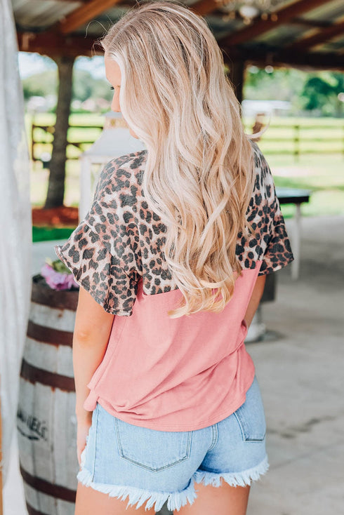 Pink Sequin Leopard Patchwork Short Sleeve Top with Colorblock Detail
