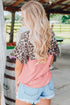 Pink Sequin Leopard Patchwork Short Sleeve Top with Colorblock Detail