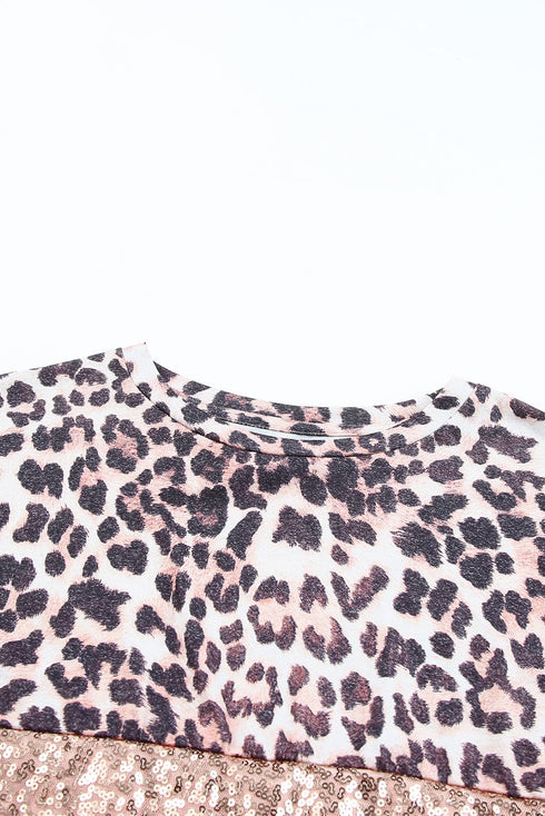 Pink Sequin Leopard Patchwork Short Sleeve Top with Colorblock Detail