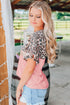 Pink Sequin Leopard Patchwork Short Sleeve Top with Colorblock Detail