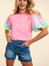 Pink Sequin Striped Puff Sleeve Colorblock Top for Women