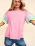 Pink Sequin Striped Puff Sleeve Colorblock Top for Women
