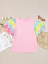 Pink Sequin Striped Puff Sleeve Colorblock Top for Women