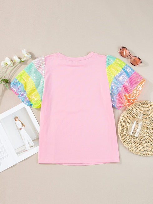 Pink Sequin Striped Puff Sleeve Colorblock Top for Women