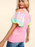 Pink Sequin Striped Puff Sleeve Colorblock Top for Women
