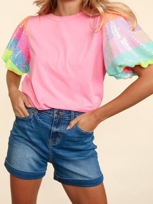 Pink Sequin Striped Puff Sleeve Colorblock Top for Women