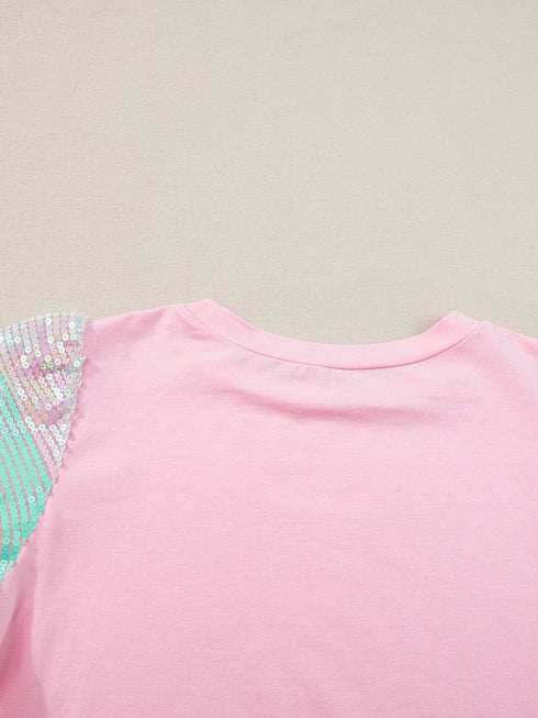 Pink Sequin Striped Puff Sleeve Colorblock Top for Women