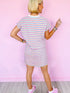 Pink Striped Crew Neck T Shirt Dress with Short Sleeves