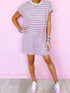 Pink Striped Crew Neck T Shirt Dress with Short Sleeves