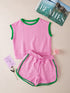 Pink Textured Cable Shorts Set with Contrast Trim