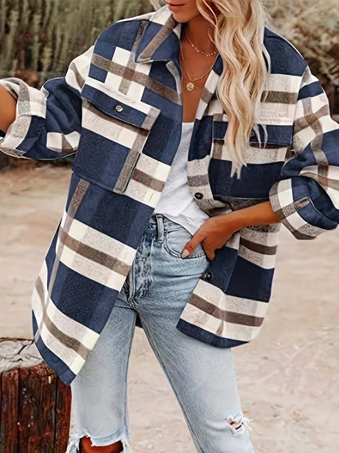 Plaid Long Sleeve Button-Down Lapel Casual Jacket