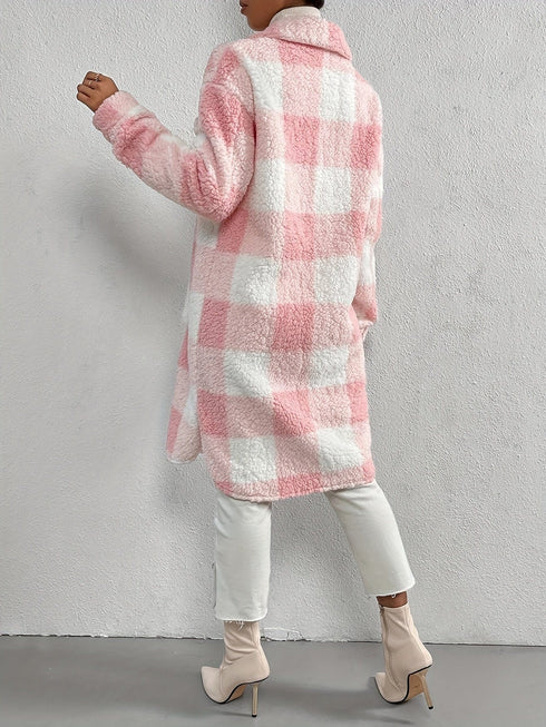 Plaid Pattern Teddy Open Front Styling Coat