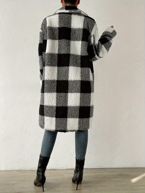 Plaid Pattern Teddy Open Front Styling Coat