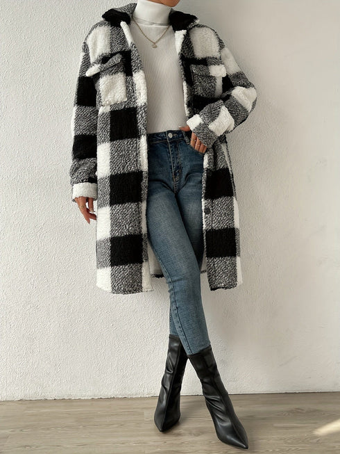 Plaid Pattern Teddy Open Front Styling Coat