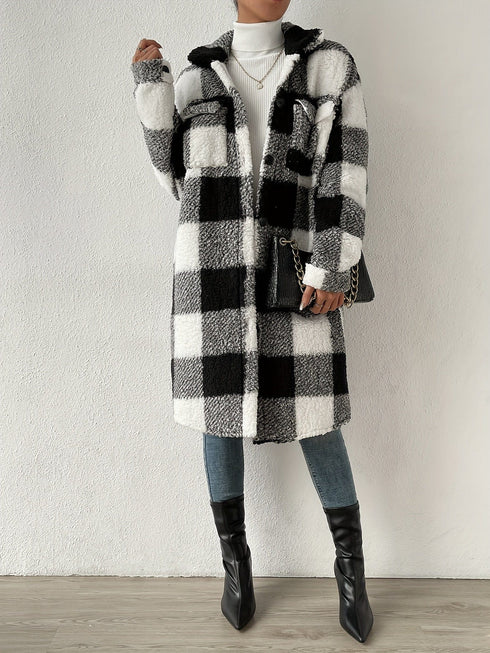 Plaid Pattern Teddy Open Front Styling Coat