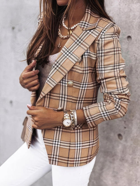 Plaid Print Double-Breasted Long Sleeve Blazer: Notch Lapels - Drop Shoulder - Casual Elegance