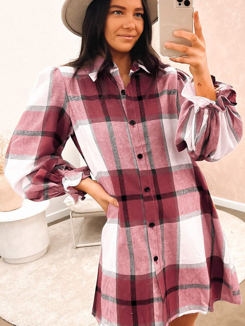 Plaid Print Ruffle Sleeve Shirt Dress with Collared Neck
