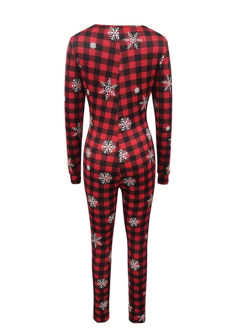 Plaid Snowflake Notched Neck Jumpsuit a Casual Chic Choice