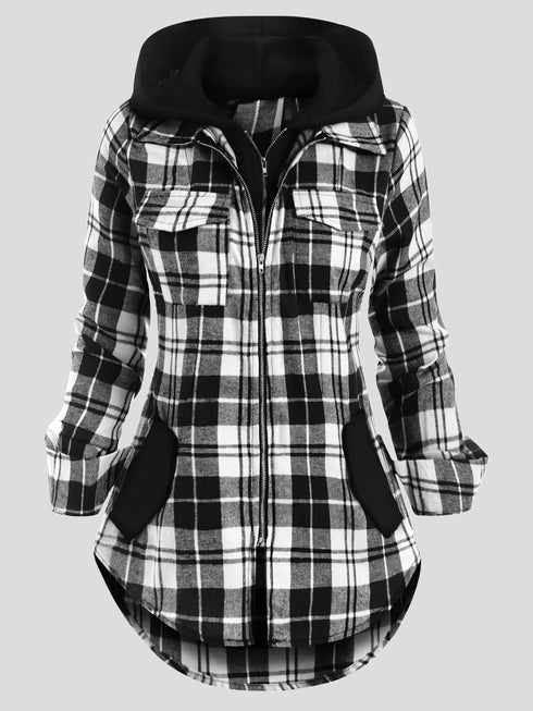 Plaid Zip-Up Hooded Coat with Pockets
