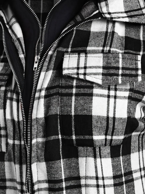 Plaid Zip-Up Hooded Coat with Pockets