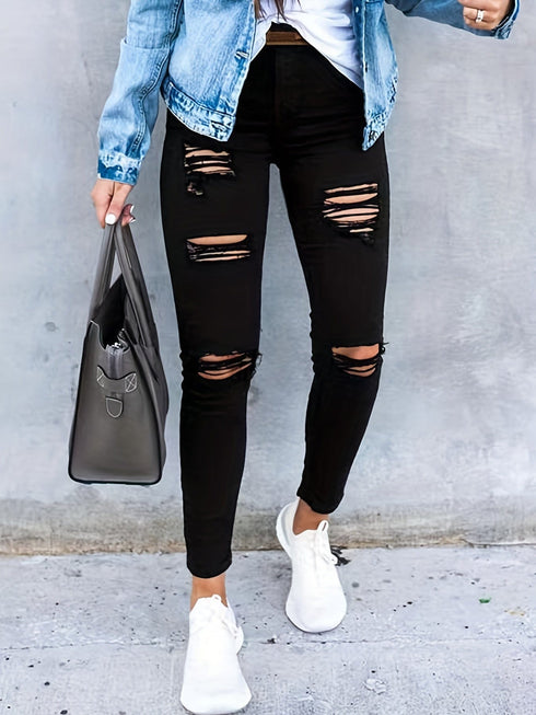 Plain Ripped Skinny Slight-Stretch Casual Denim Jeans