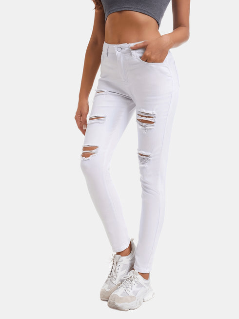 Plain Ripped Skinny Slight-Stretch Casual Denim Jeans