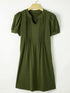 Pleated Fern Green Notched V-Neck Puff Sleeve Shift Dress