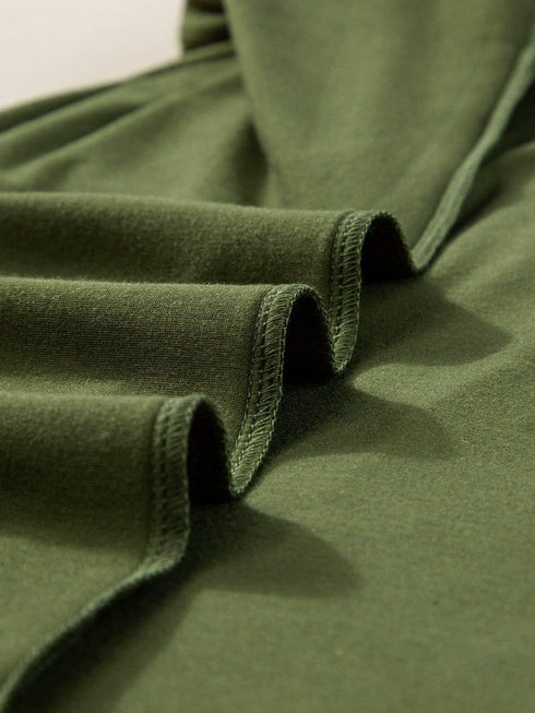 Pleated Fern Green Notched V-Neck Puff Sleeve Shift Dress