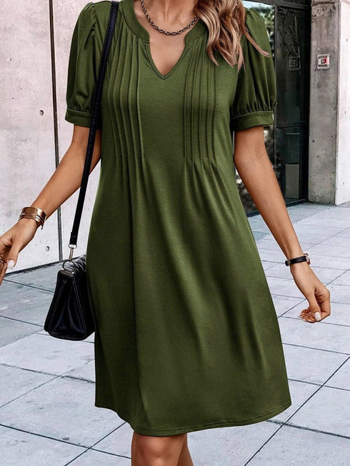 Pleated Fern Green Notched V-Neck Puff Sleeve Shift Dress