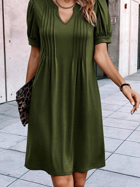 Pleated Fern Green Notched V-Neck Puff Sleeve Shift Dress