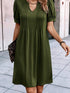Pleated Fern Green Notched V-Neck Puff Sleeve Shift Dress
