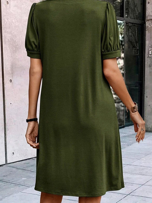 Pleated Fern Green Notched V-Neck Puff Sleeve Shift Dress