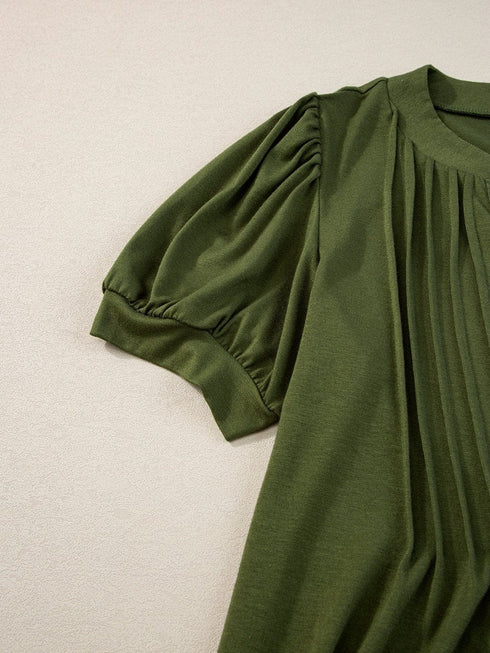 Pleated Fern Green Notched V-Neck Puff Sleeve Shift Dress