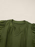 Pleated Fern Green Notched V-Neck Puff Sleeve Shift Dress