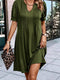 Pleated Fern Green Notched V-Neck Puff Sleeve Shift Dress