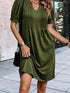 Pleated Fern Green Notched V-Neck Puff Sleeve Shift Dress