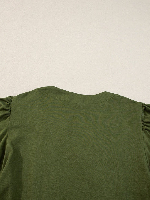 Pleated Fern Green Notched V-Neck Puff Sleeve Shift Dress