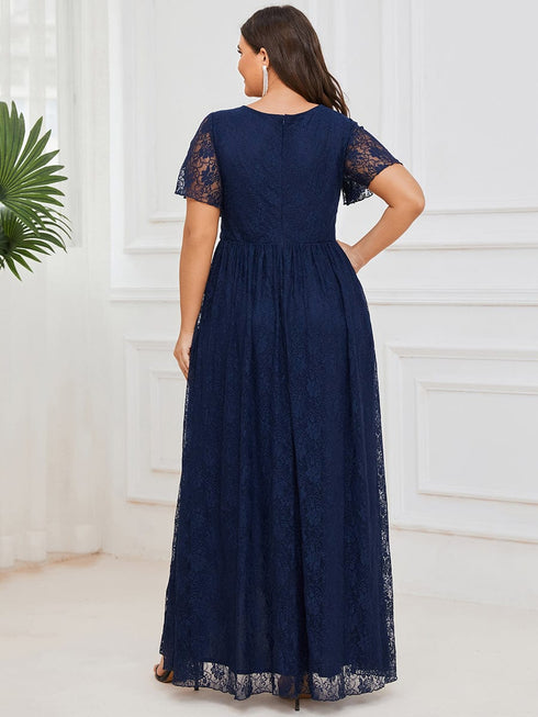 Pleated V-Neck Short Sleeve Ruffled Lace Evening Dress