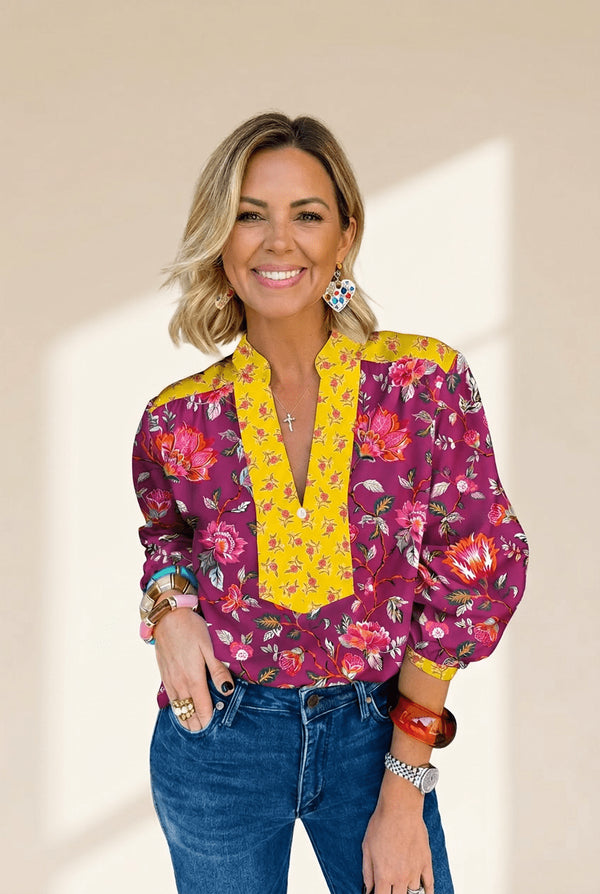 Women's Plum Floral Split V-Neck Blouse with Yellow Contrast