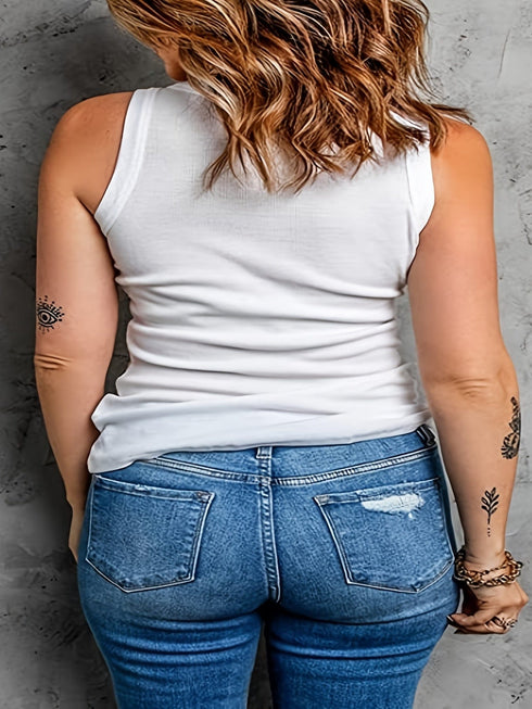 Plus Size Basic Tank Top, Women's Plus Plain Round Neck Medium Stretch Tank Top