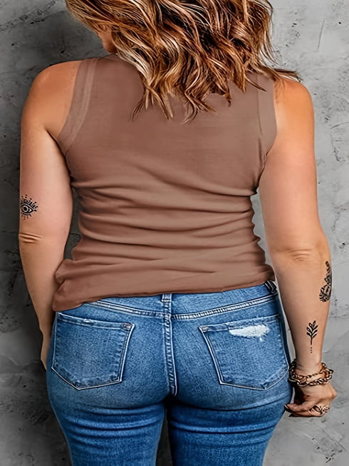 Plus Size Basic Tank Top, Women's Plus Plain Round Neck Medium Stretch Tank Top