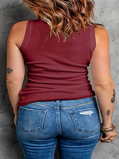 Plus Size Basic Tank Top, Women's Plus Plain Round Neck Medium Stretch Tank Top