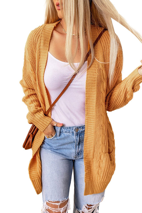 Plus Size Casual Cardigan, Women's Plus Cable Knit Long Sleeve Open Front Medium Stretch Hooded Sweater Cardigan With Pockets