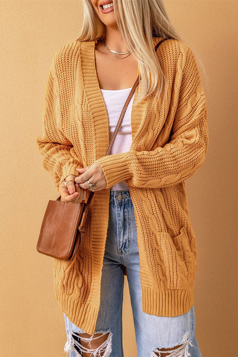 Plus Size Casual Cardigan, Women's Plus Cable Knit Long Sleeve Open Front Medium Stretch Hooded Sweater Cardigan With Pockets
