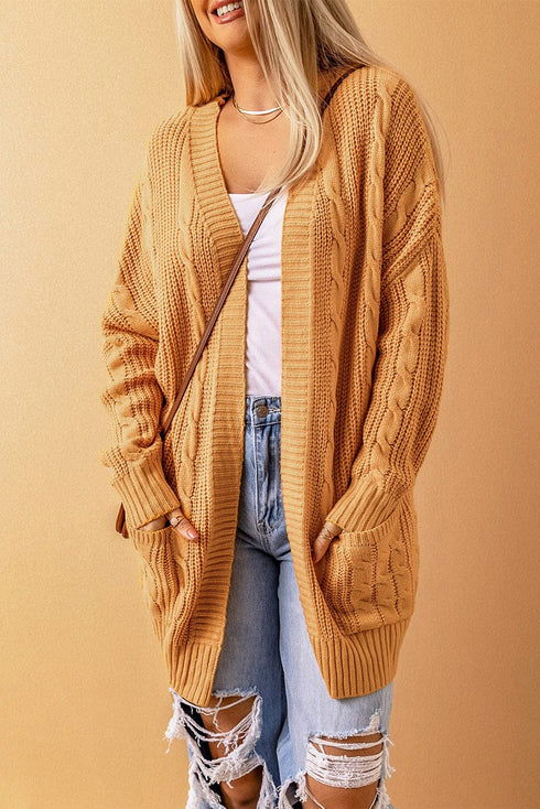 Plus Size Casual Cardigan, Women's Plus Cable Knit Long Sleeve Open Front Medium Stretch Hooded Sweater Cardigan With Pockets