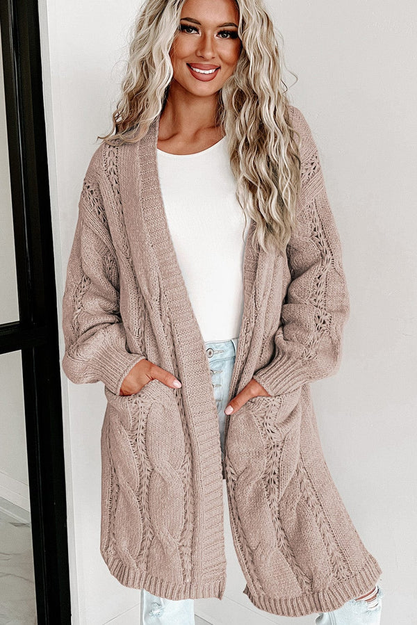 Plus Size Casual Cardigan, Women's Plus Cable Knit Long Sleeve Open Front Medium Stretch Hooded Sweater Cardigan With Pockets