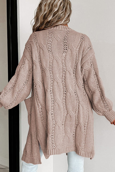 Plus Size Casual Cardigan, Women's Plus Cable Knit Long Sleeve Open Front Medium Stretch Hooded Sweater Cardigan With Pockets