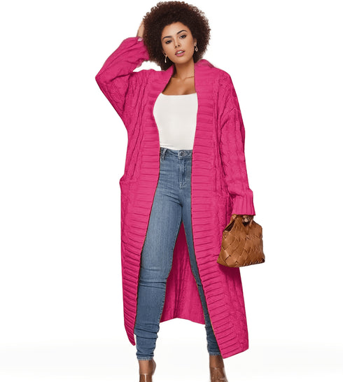 Plus Size Casual Cardigan, Women's Plus Cable Knitted Long Sleeve Open Front Medium Stretch Sweater Cardigan With Pockets